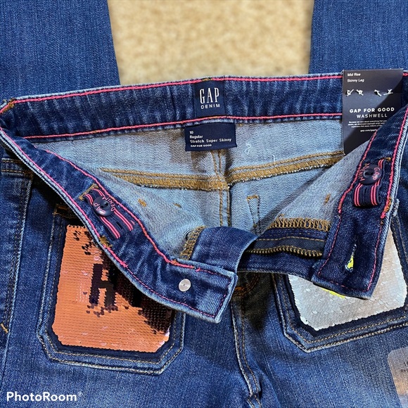 Gap Kids Skinny Sequin Flippy Emoji Jeans, Hi Bye Smiley Face NWT Size 10 - Picture 8 of 14